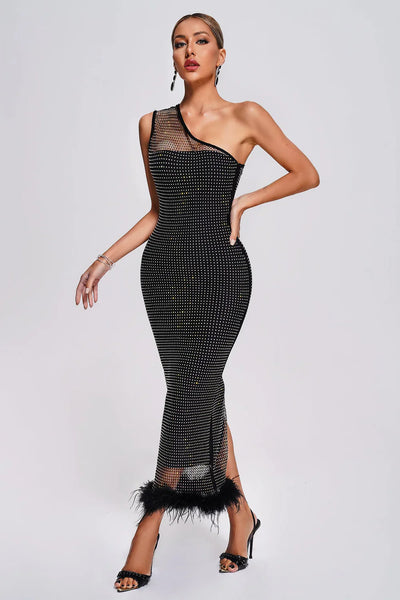 Yalyka Feather Diamante Mesh Maxi Dress