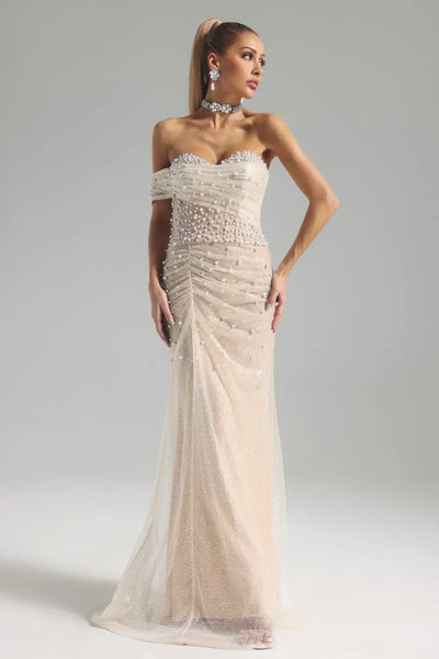 Patsy Strapless Pearl Mesh Maxi Dress