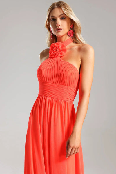 Clea Halterneck Pleat Flower Maxi Dress