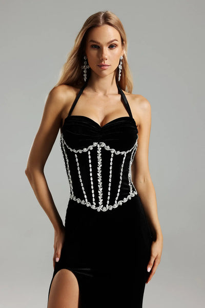 Persasy Velvet Halter Diamante Slit Dress