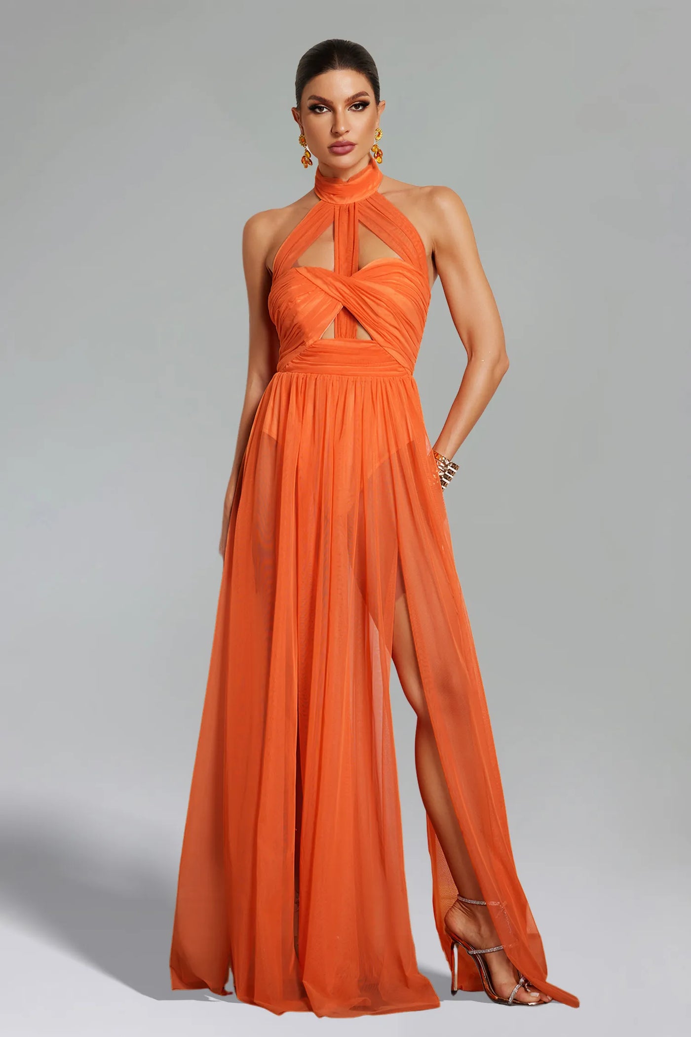 Rivka Halterneck Twist Mesh Maxi Dress