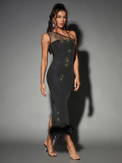 Yalyka Feather Diamante Mesh Maxi Dress