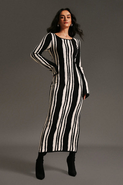 Doe Round Neck Long Sleeves Printing Maxi Dress