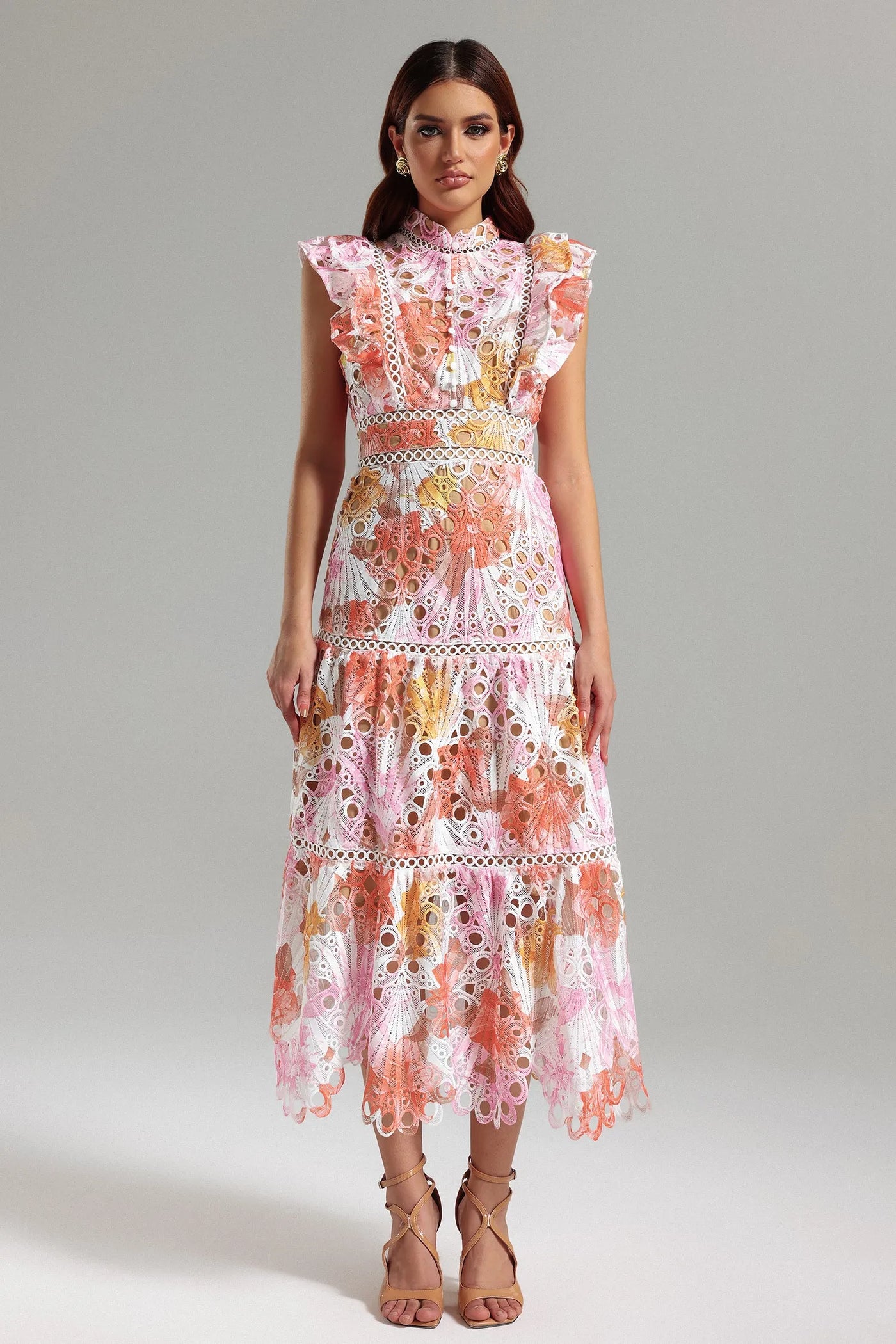 Ayleen Orange Hollow Sleeveless Midi Dress