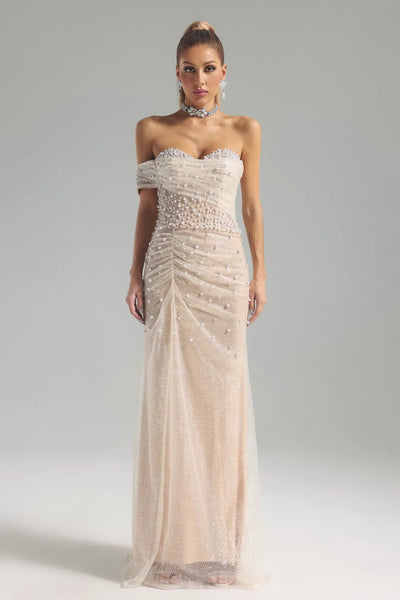 Patsy Strapless Pearl Mesh Maxi Dress