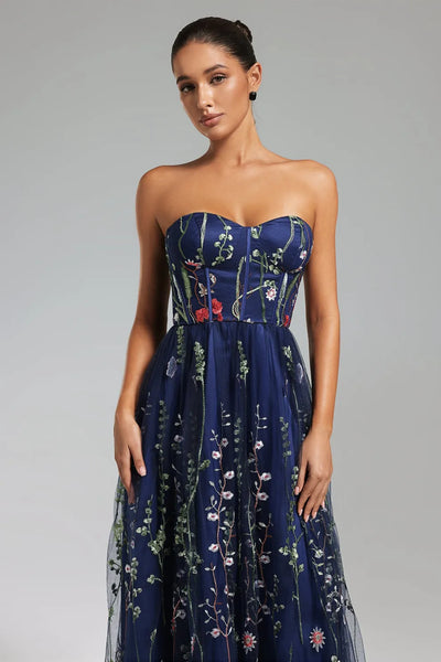 Tusare Open Shoulder Embroidery Maxi Dress - Floral