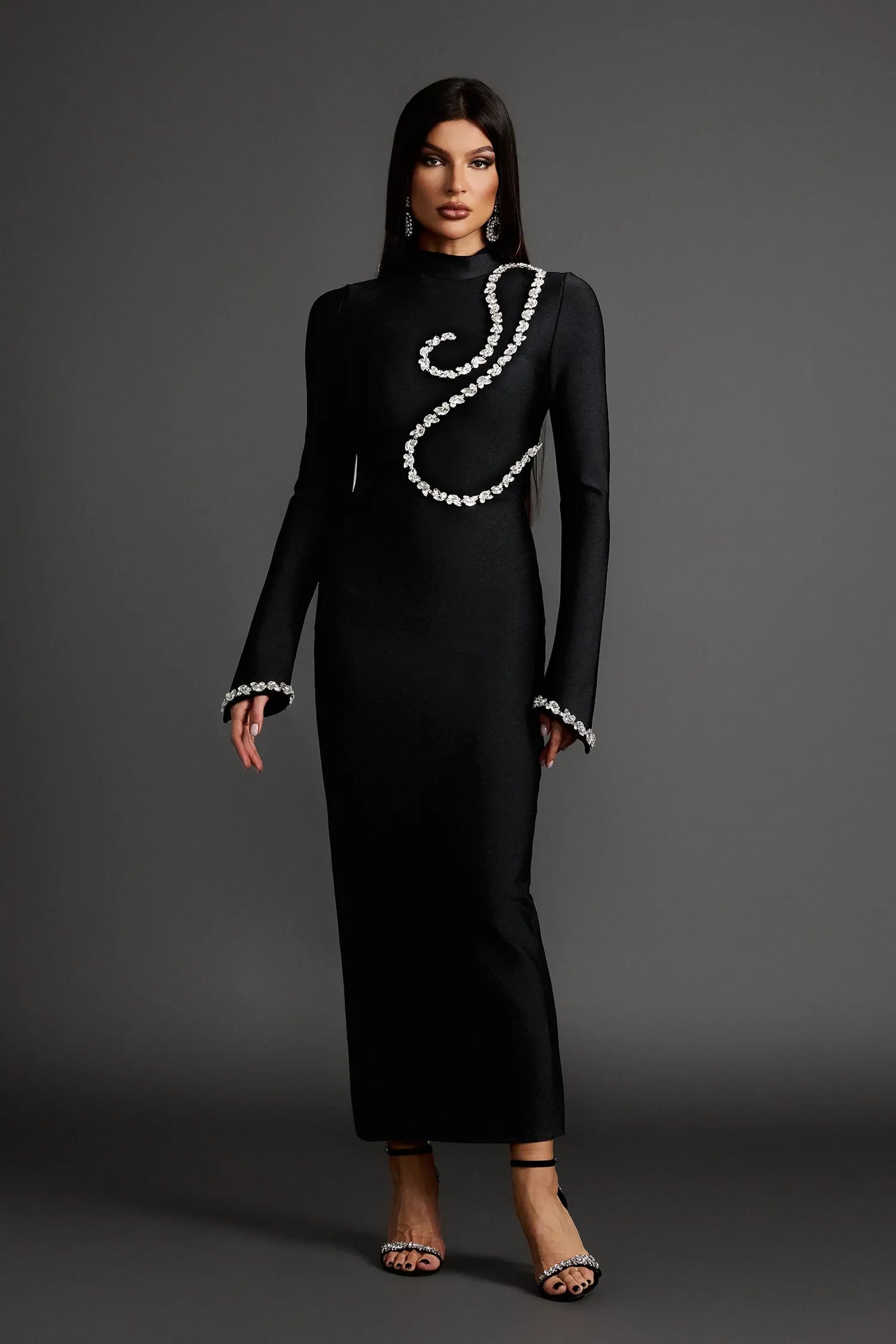 Hutuny Diamond Setting Long Sleeve Bandage Maxi Dress