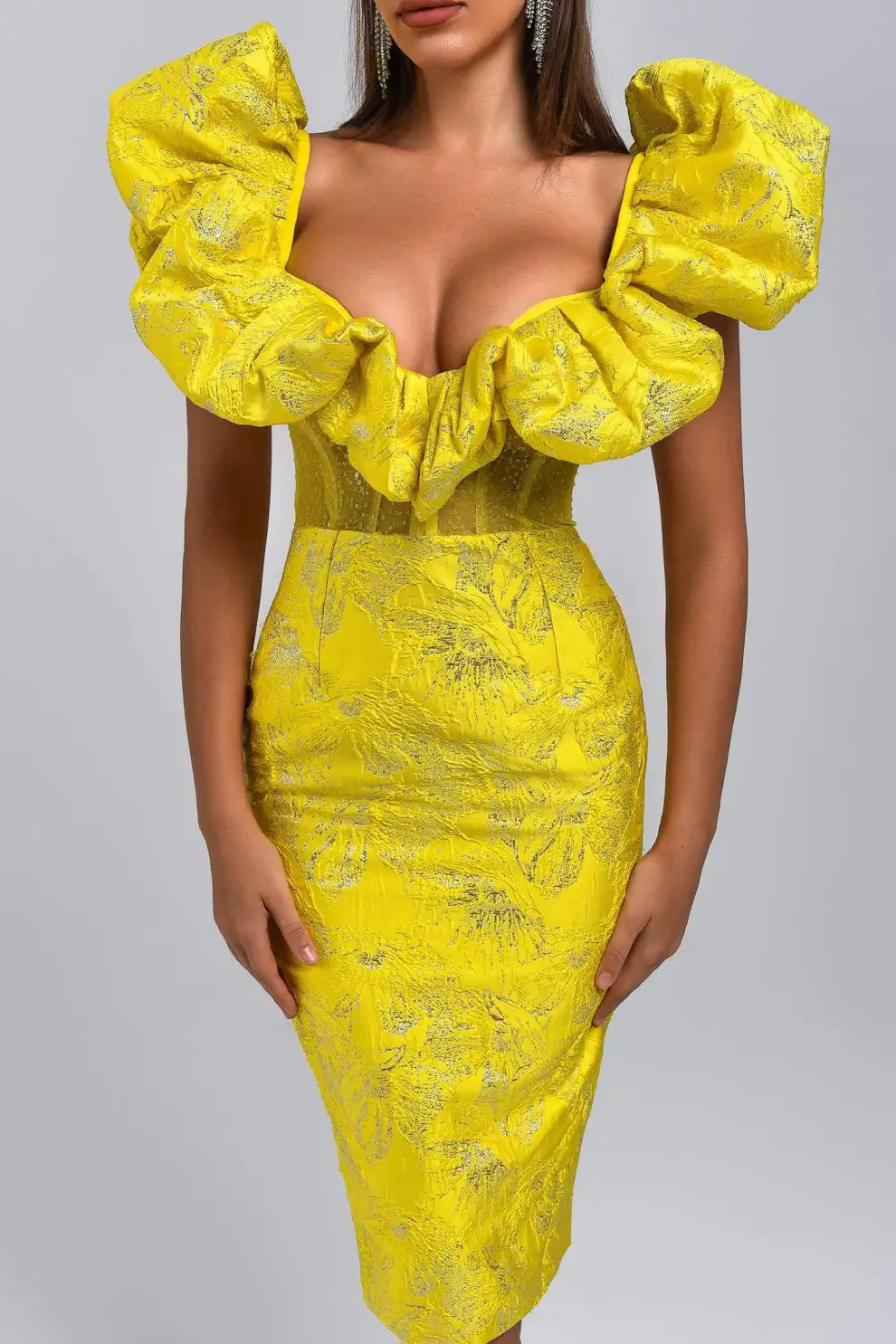 Melany Jacquard Midi Dress - Yellow