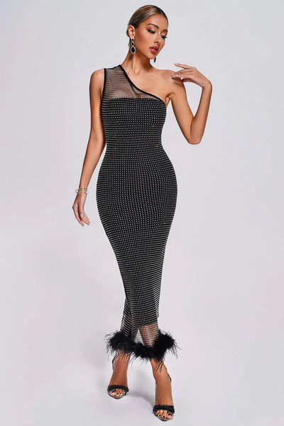 Yalyka Feather Diamante Mesh Maxi Dress